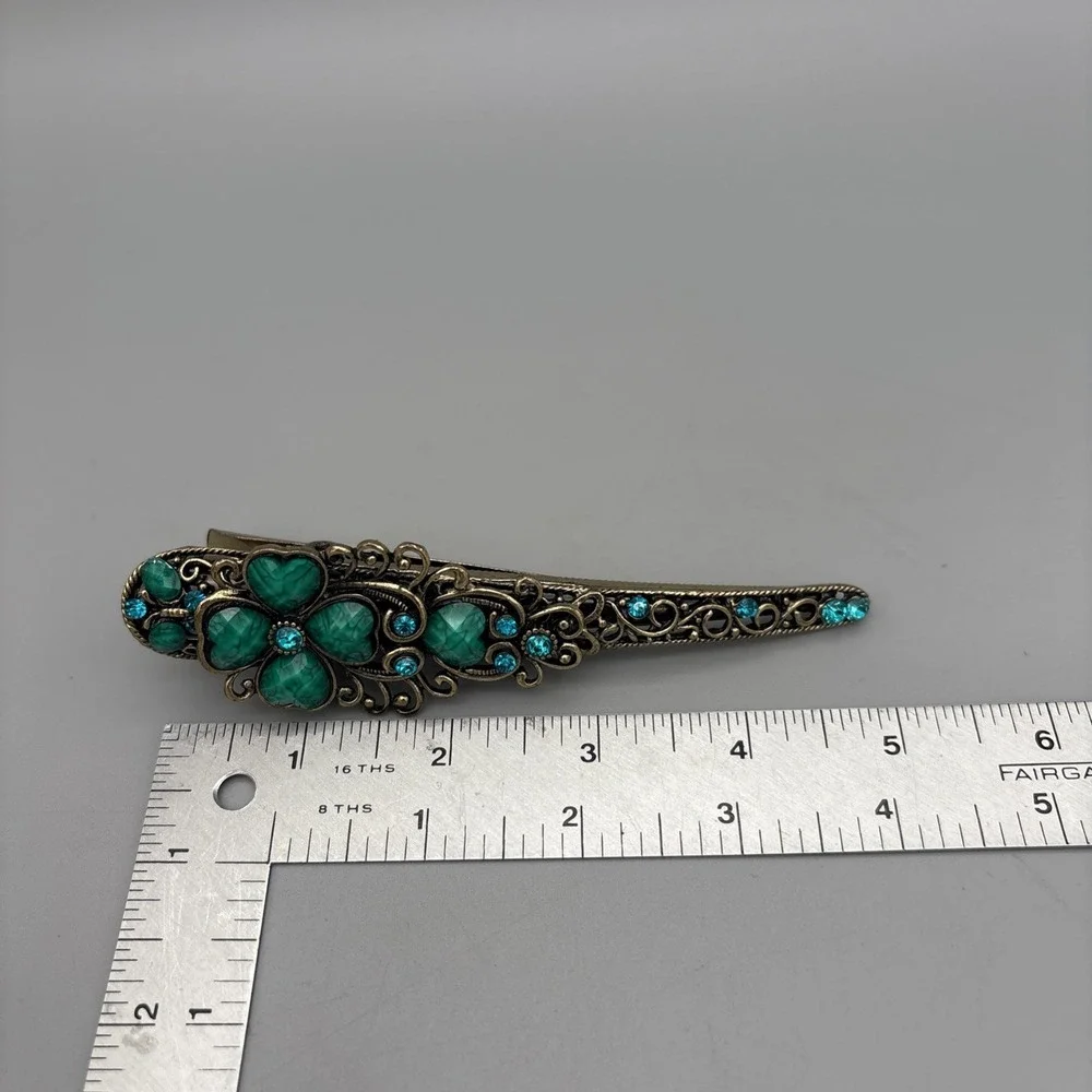 Vintage Hair Clip Barrette Blue‎ Rhinestone Heart Pewter Metal 5